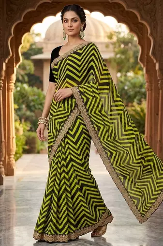Mahendi printed embriodered lace bollywood saree with blouse piece.