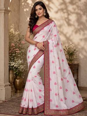 White printed embriodered lace bollywood saree with blouse piece. 1