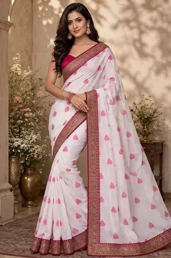 White printed embriodered lace bollywood saree with blouse piece.