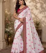 White printed embriodered lace bollywood saree with blouse piece.