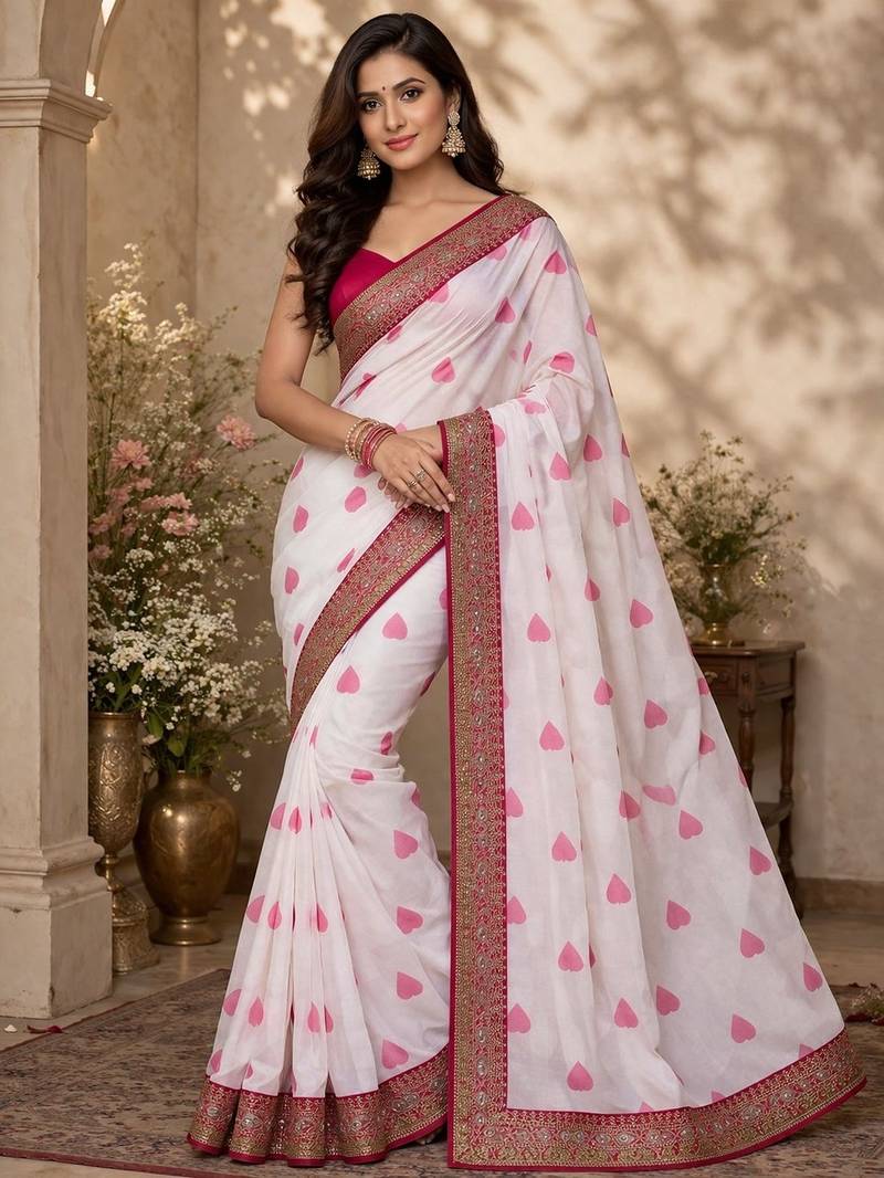White printed embriodered lace bollywood saree with blouse piece.