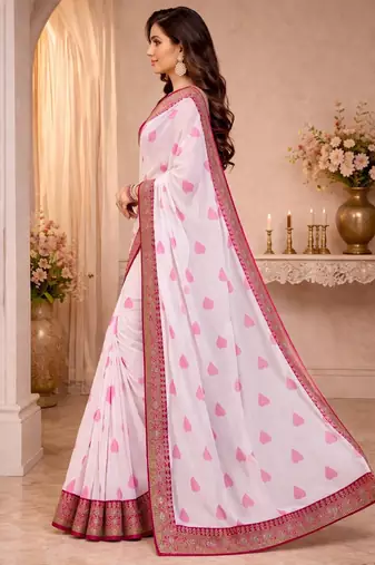 White printed embriodered lace bollywood saree with blouse piece.