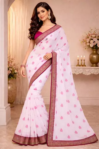 White printed embriodered lace bollywood saree with blouse piece.