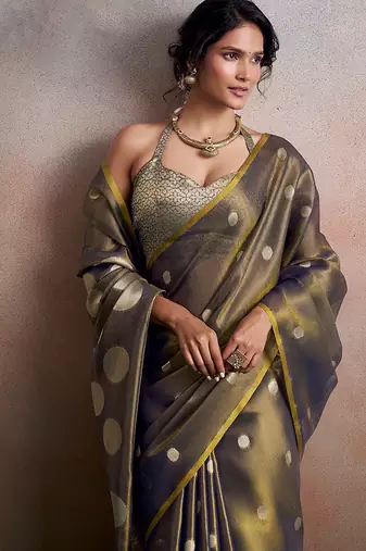 Grey silk blend silk blend party wear saree