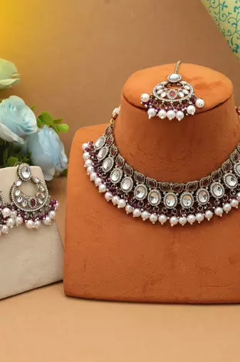 Purple color kundan necklace set