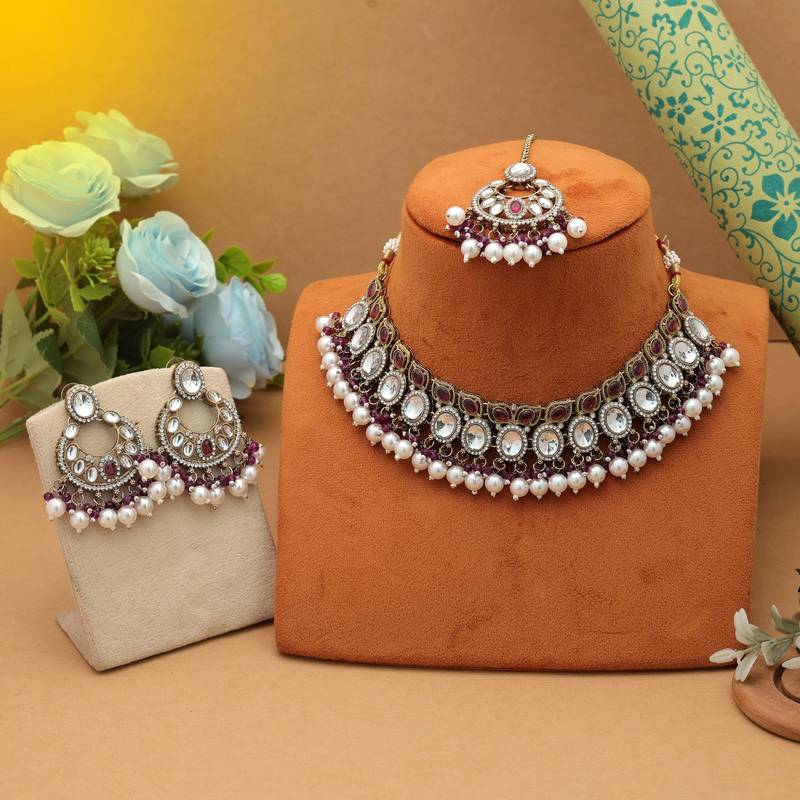 Purple color kundan necklace set