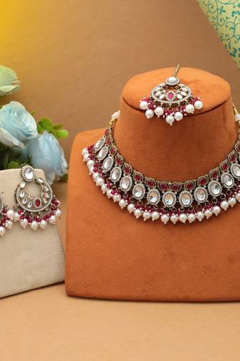 Rani color kundan necklace set