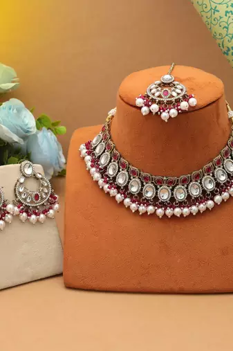Rani color kundan necklace set