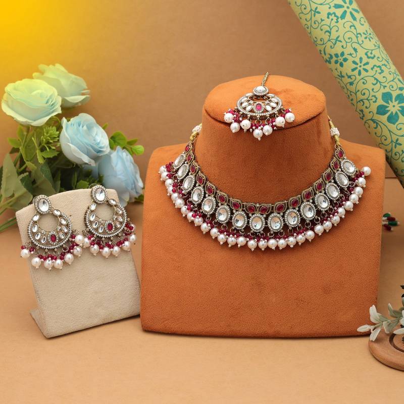Rani color kundan necklace set
