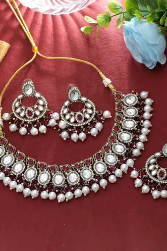 Rani color kundan necklace set