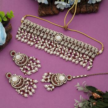 Maroon color choker kundan necklace set 2