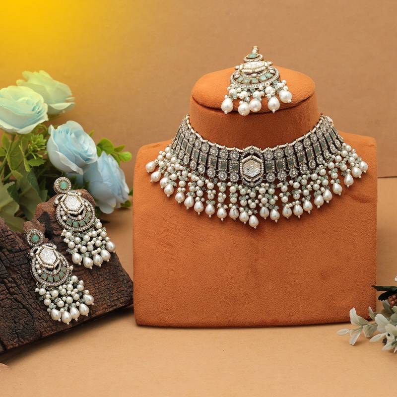 Pista green & white color choker kundan necklace set