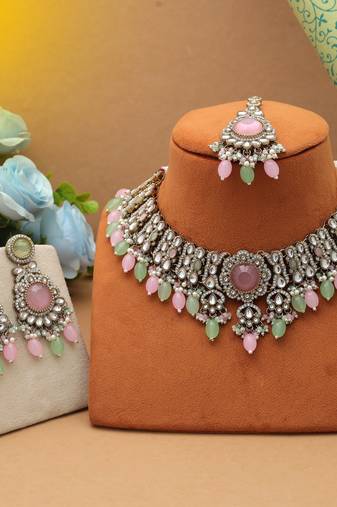 Pista green & pink color kundan necklace set