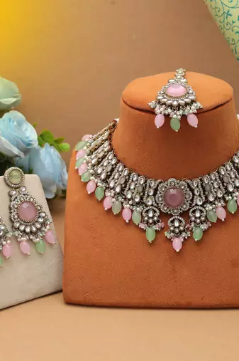 Pista green & pink color kundan necklace set