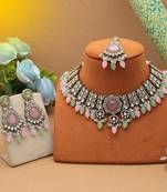 Pista green & pink color kundan necklace set