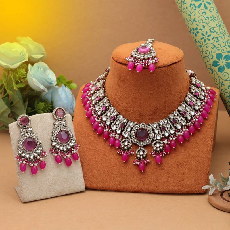 Rani color kundan necklace set