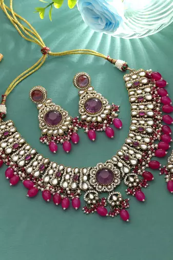 Rani color kundan necklace set