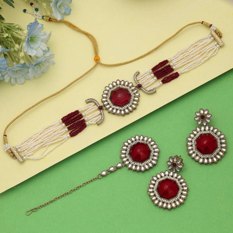 Red color choker kundan necklace set