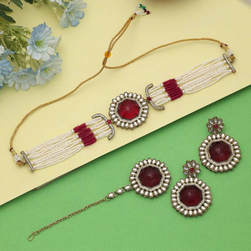Maroon color choker kundan necklace set