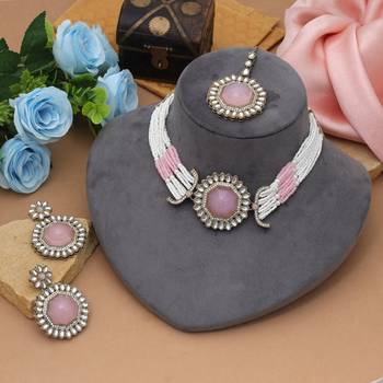 Pink color choker kundan necklace set 2