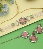  pink color choker kundan necklace set