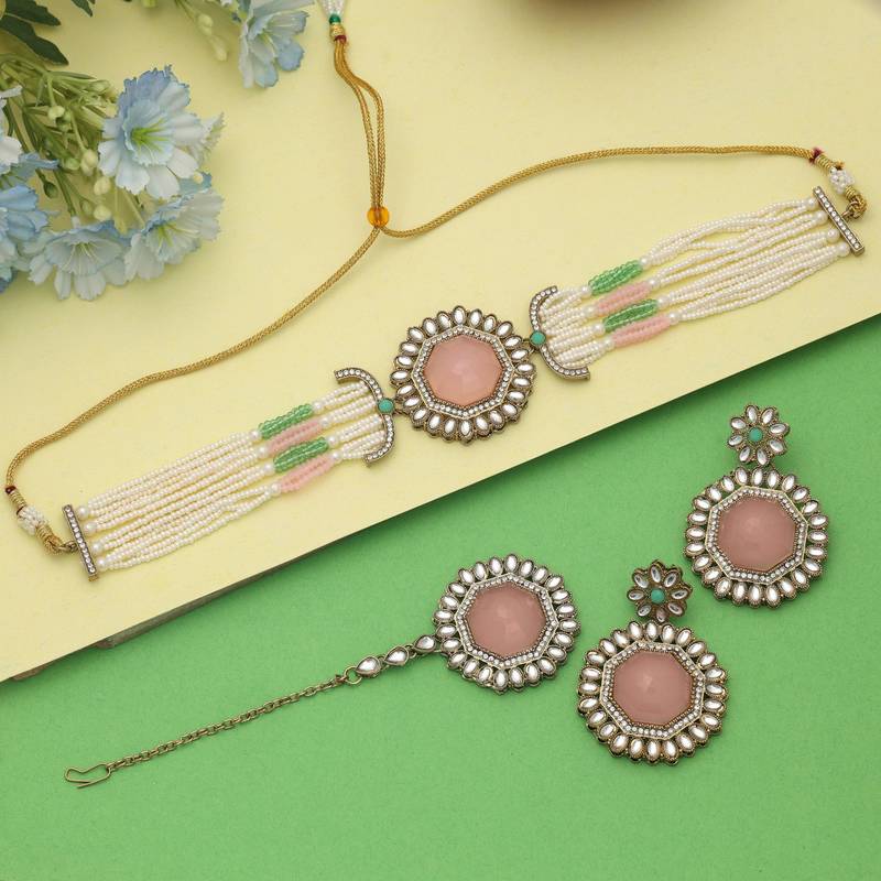  pink color choker kundan necklace set