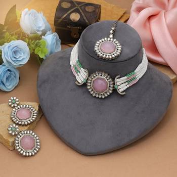  pink color choker kundan necklace set 2