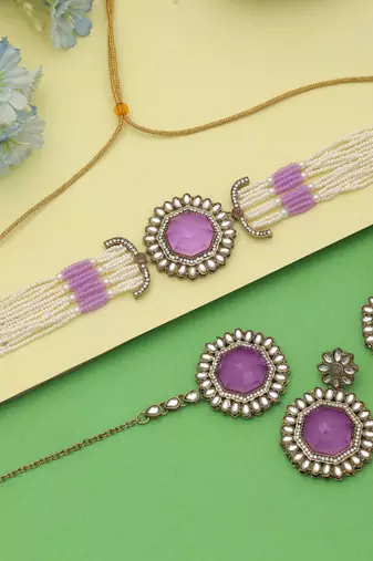 Light purple color choker kundan necklace set