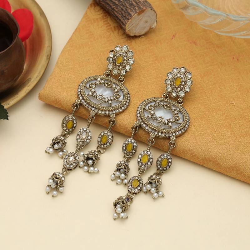 Yellow color kundan earrings