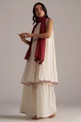 Ivory and maroon pure chanderi kurta set