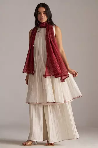 Ivory and maroon pure chanderi kurta set