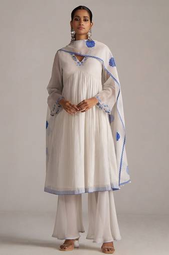Marshmellow and cobalt blue chanderi kurta set