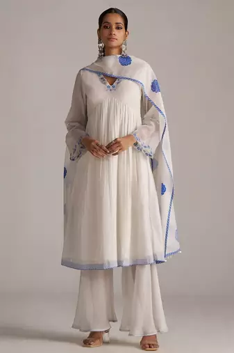 Marshmellow and cobalt blue chanderi kurta set