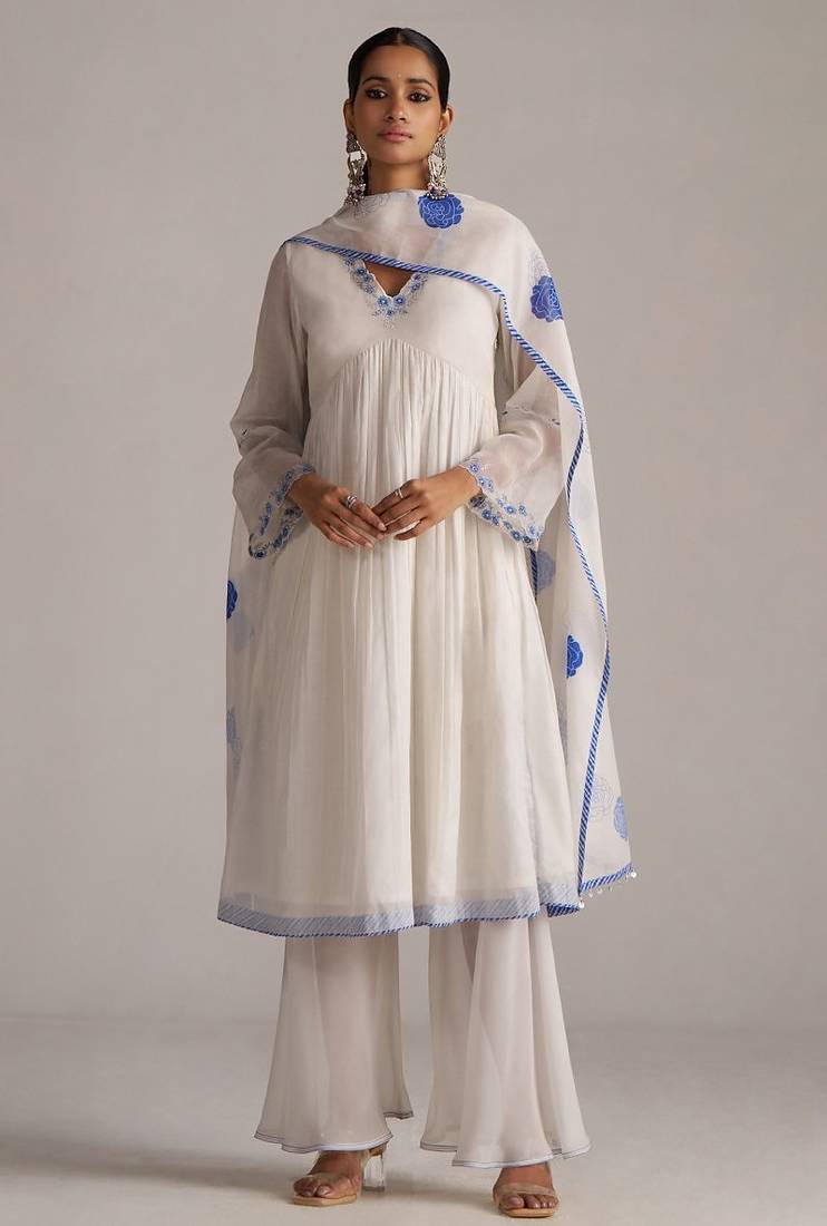 Marshmellow and cobalt blue chanderi kurta set