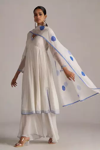 Marshmellow and cobalt blue chanderi kurta set