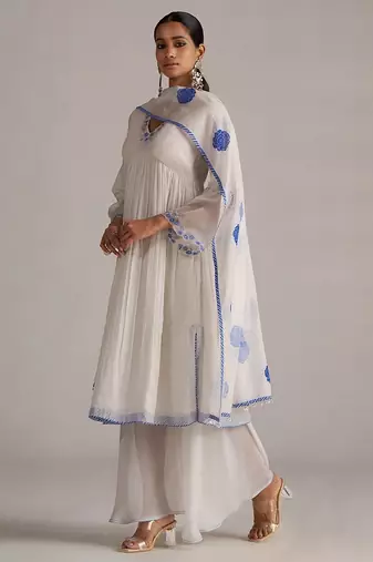Marshmellow and cobalt blue chanderi kurta set