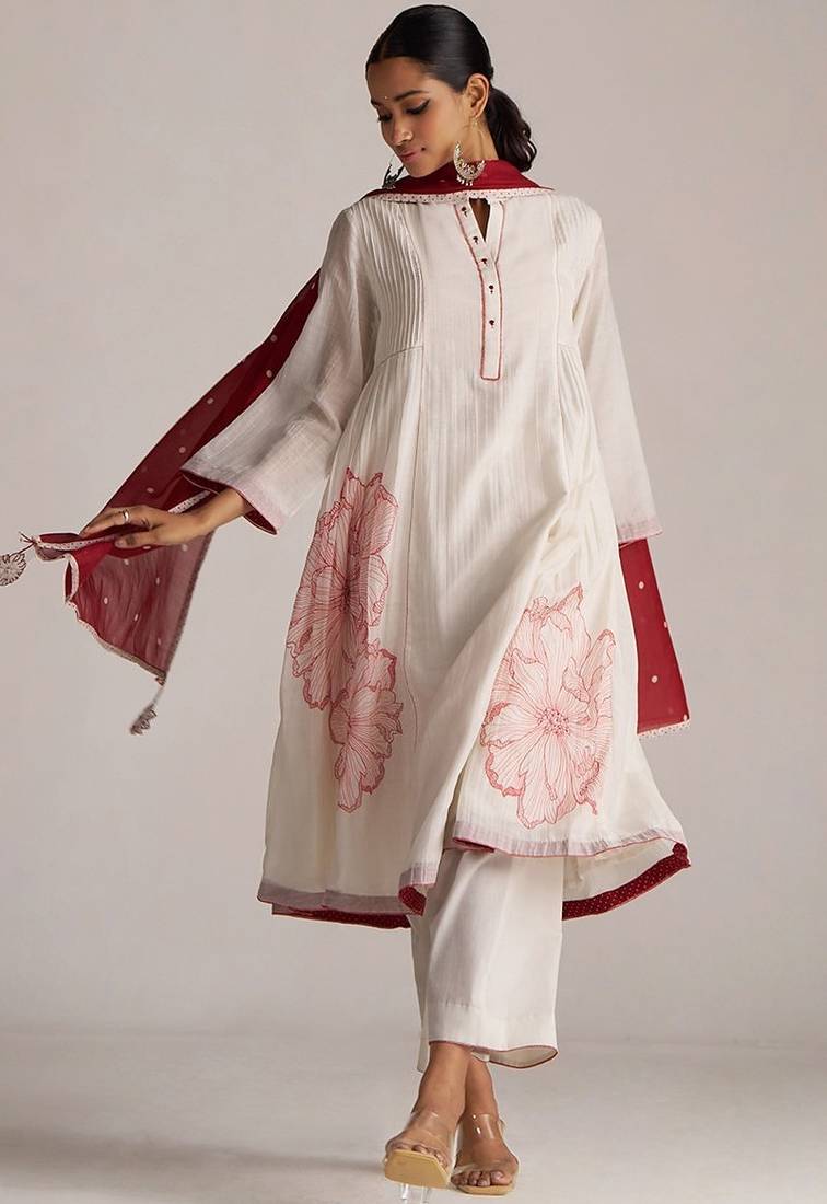 Ivory and maroon pure chanderi kurta set