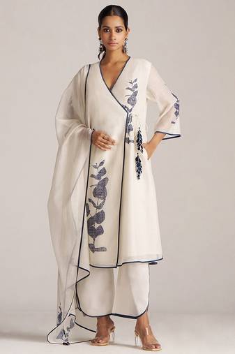 Ivory and navy blue pure chanderi kurta set