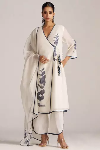 Ivory and navy blue pure chanderi kurta set