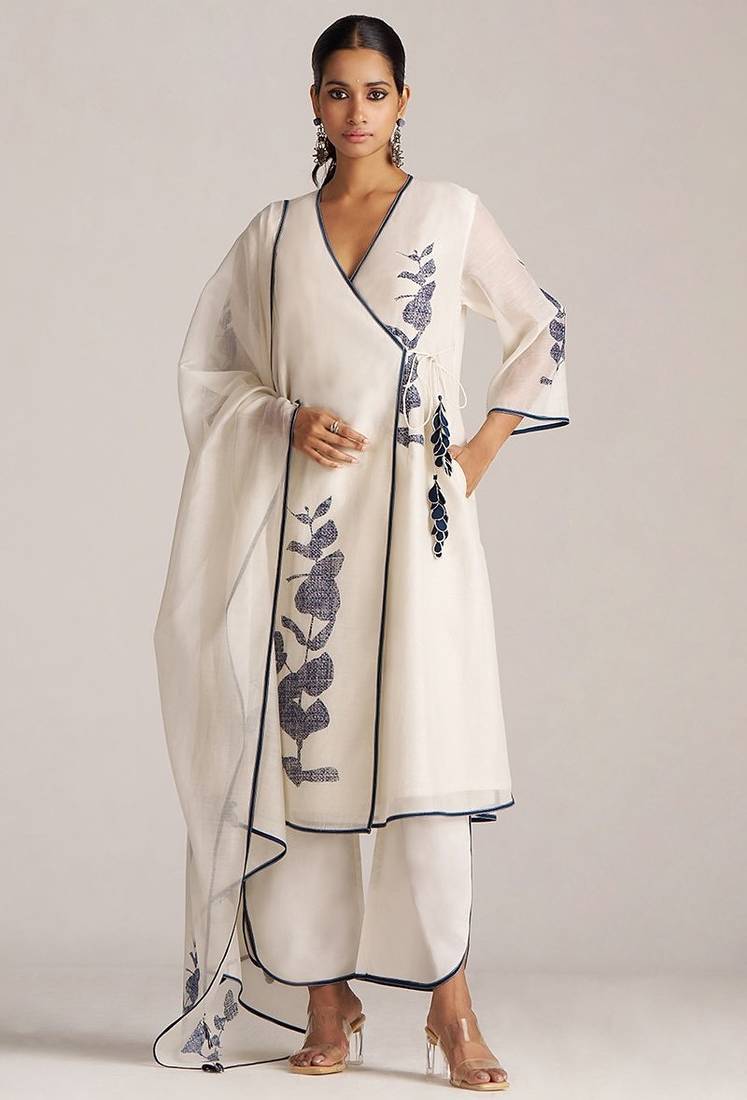 Ivory and navy blue pure chanderi kurta set