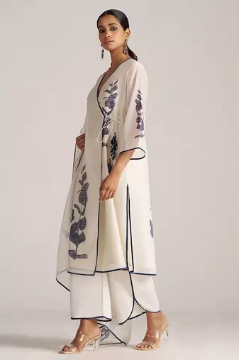 Ivory and navy blue pure chanderi kurta set