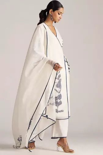 Ivory and navy blue pure chanderi kurta set