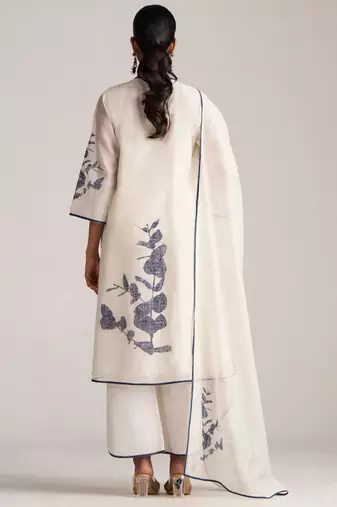 Ivory and navy blue pure chanderi kurta set