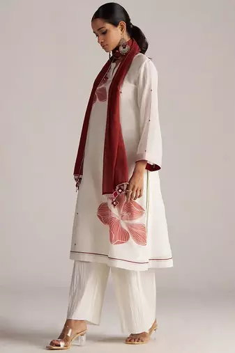 Ivory and maroon pure chanderi kurta set
