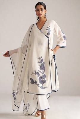 Ivory and navy blue pure chanderi kurta set 5