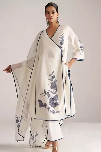 Ivory and navy blue pure chanderi kurta set