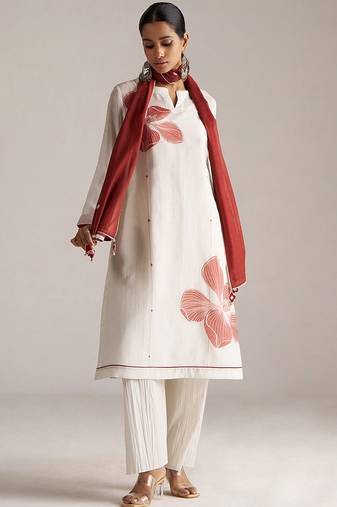 Ivory and maroon pure chanderi kurta set