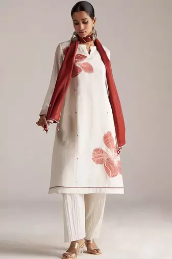 Ivory and maroon pure chanderi kurta set