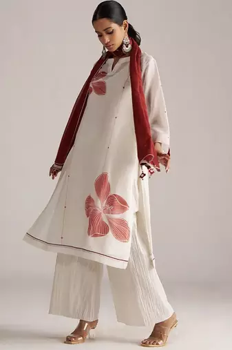 Ivory and maroon pure chanderi kurta set