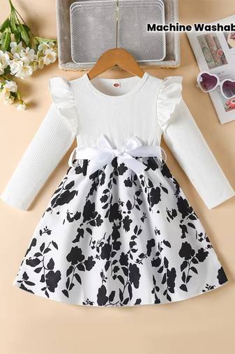 White & black floral printed cotton blend ruffle sleeve fit & flare girls dress